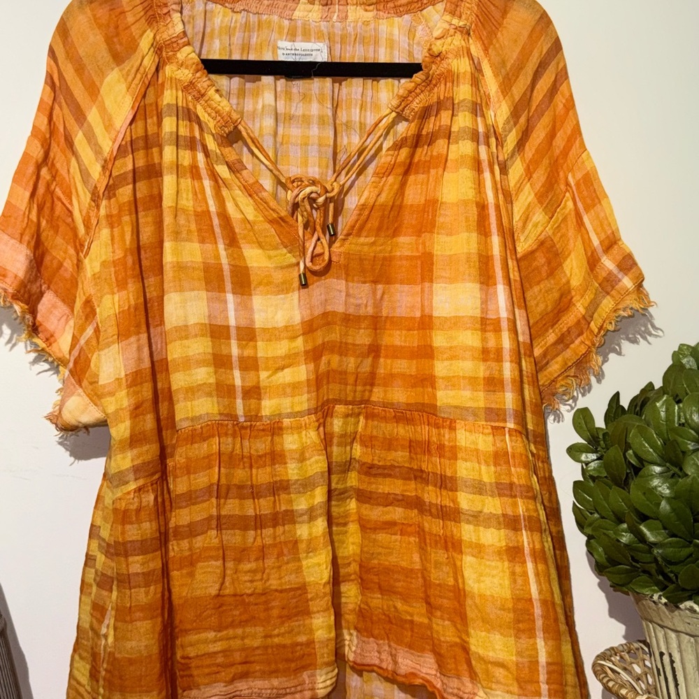 Anthropologie Orange Yellow Flutter Sleeve Blouse